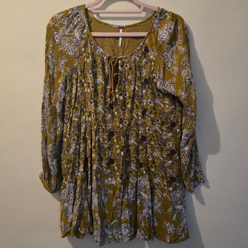 Free People Mustard Yellow Floral Tunic Top Boho Long Sleeve Tassel Tie Small